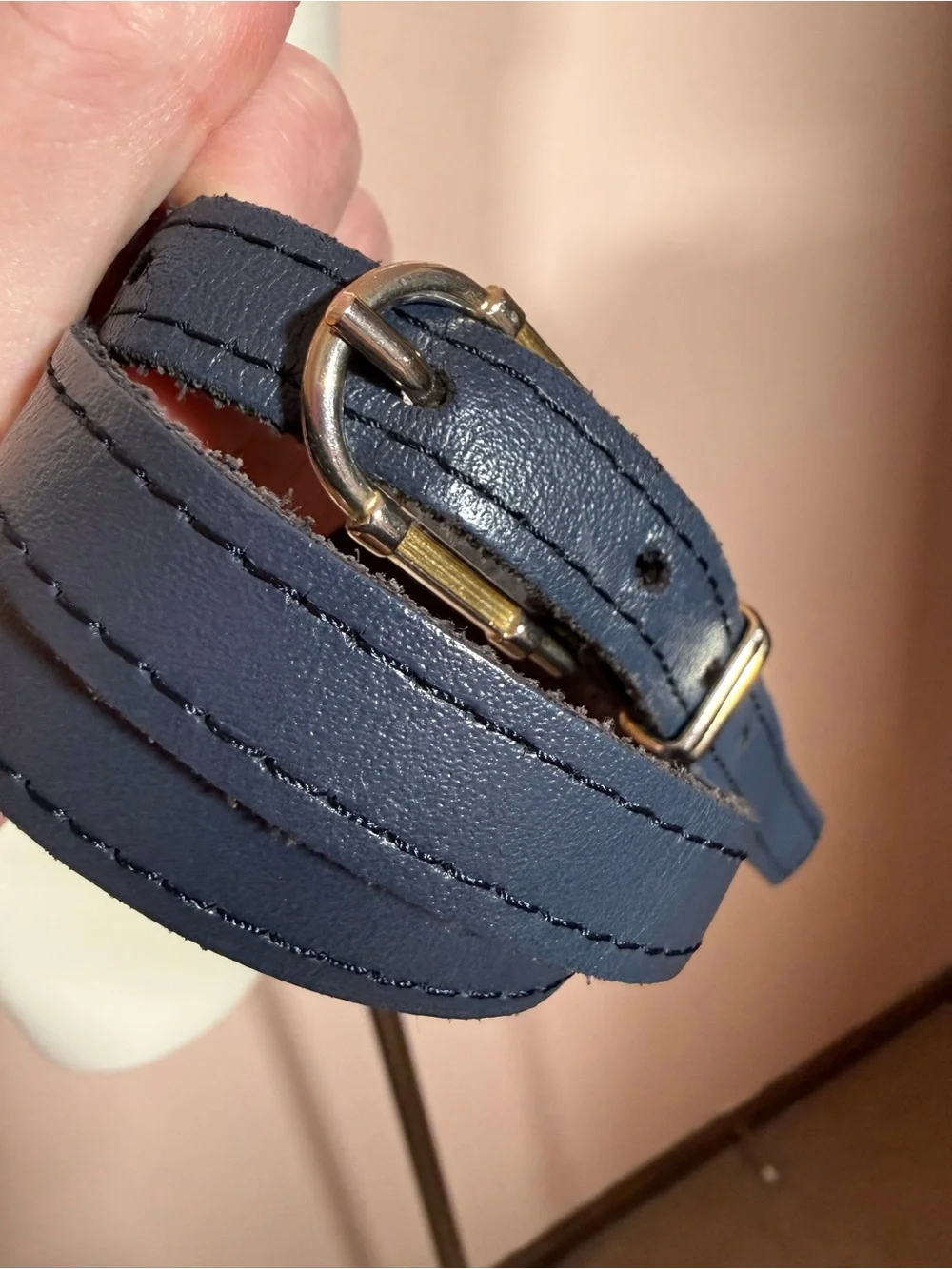 Vintage navy blue leather  minimalist skinny belt 28inches classic academia